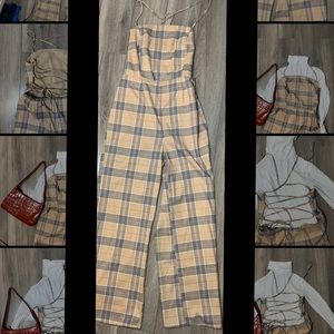 Beige plaid jumpsuit